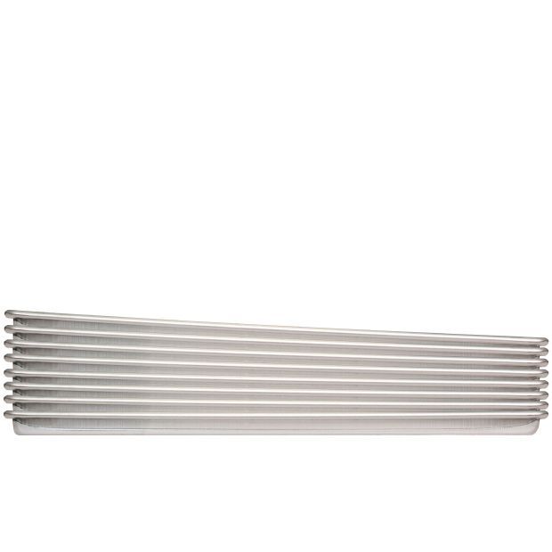 Silver metal radiator grille. Horizontal, with many parallel lines.