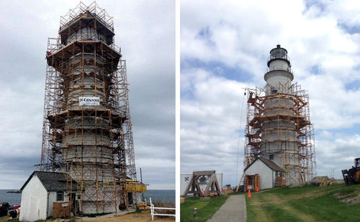 Side-by-side photos of a lighthouse under construction, covered in wooden scaffolding against a cloudy sky.