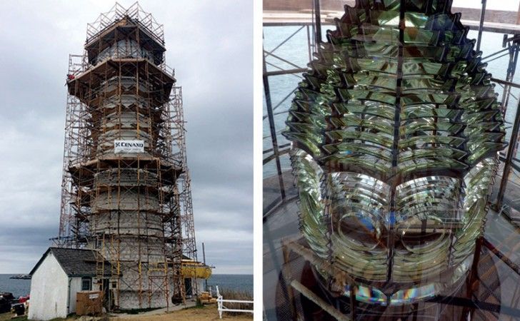 A split image showing a lighthouse surrounded by scaffolding and a close-up of its intricate Fresnel lens.