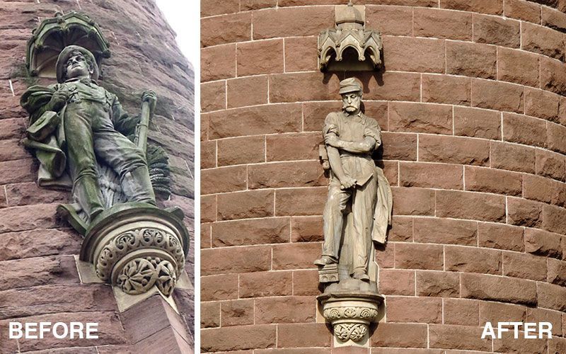 A split image comparing a stone statue of a soldier on a brick building before and after professional cleaning.