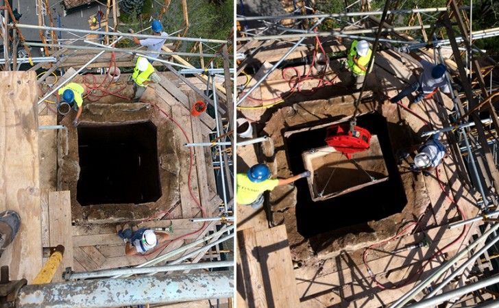 Workers on scaffolding install a large stone block into an opening in a structure, shown in a before-and-after view.
