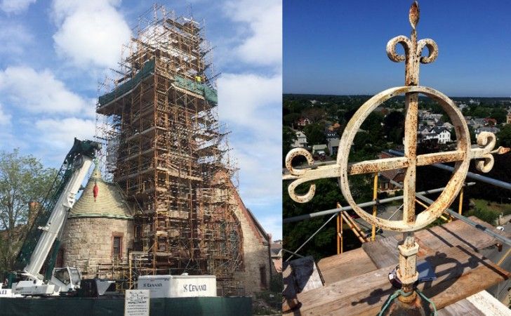 A stone church tower covered in scaffolding next to a close-up of a weathered metal cross finial.