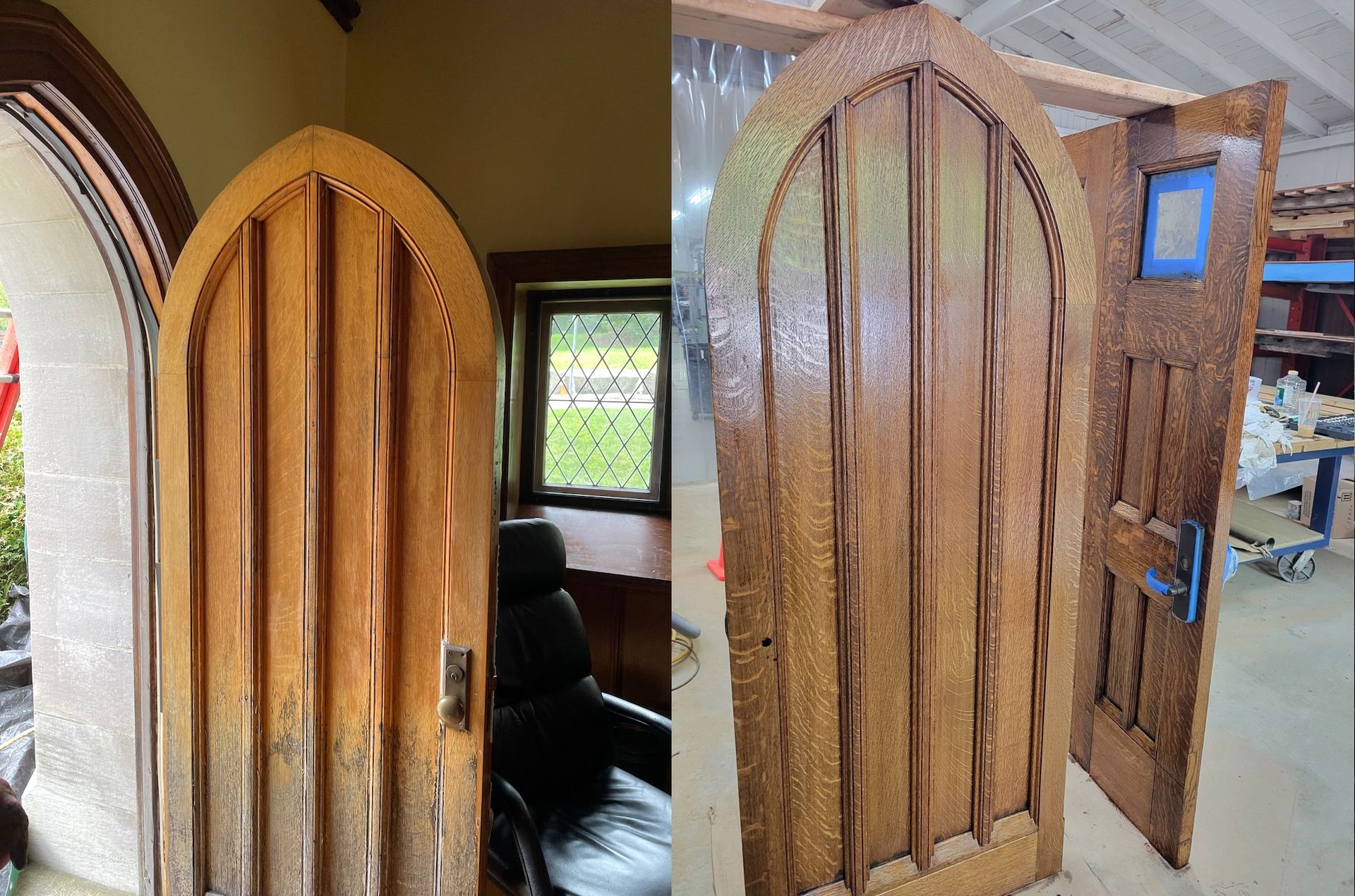 A split-screen showing a gothic-style wooden door before and after professional refinishing.