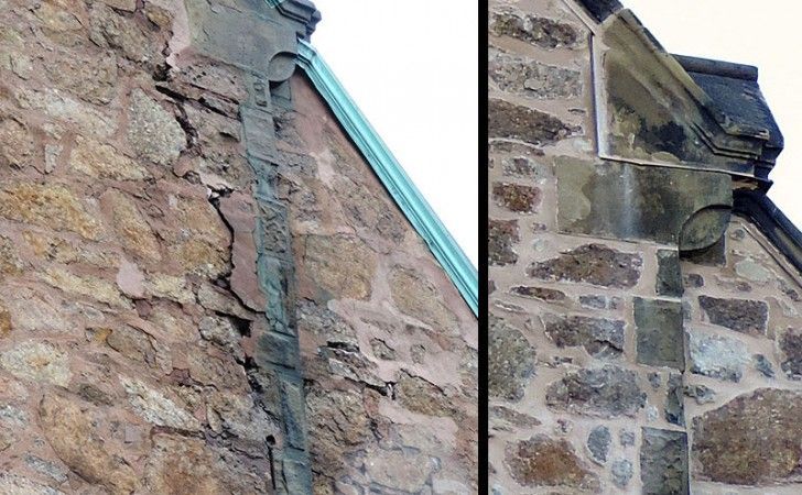 A split-screen comparison of a stone building's corner, showing structural damage and cracks next to a repaired section.