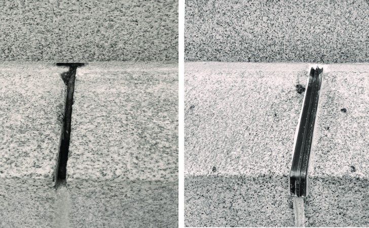 A split view shows a concrete joint before and after being filled with a dark, flush-finished sealant.
