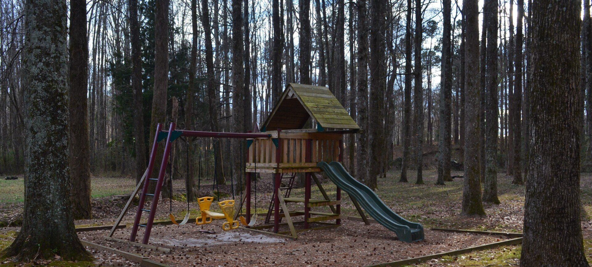 A playground with a slide and swings in the middle of a forest.