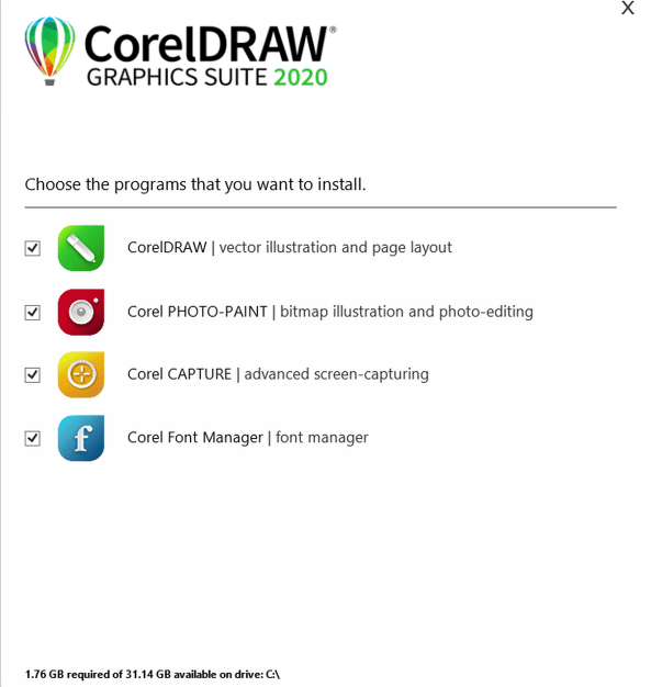 Bạn có thể lựa chọn cài đặt duy nhất CorelDRAW thay vì cài tất cả