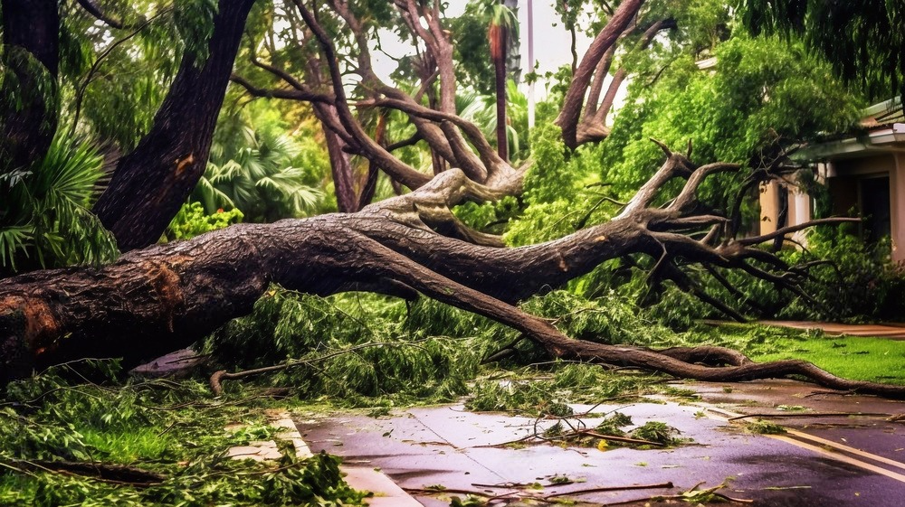 a large tree has fallen on the side of a road .