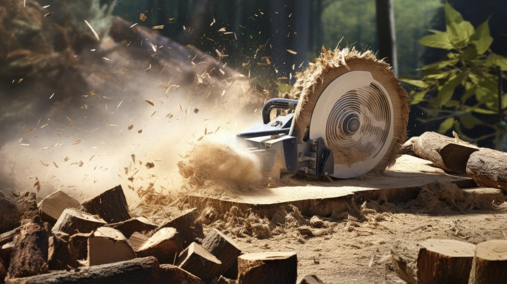 a person is using a circular saw to cut a tree stump .