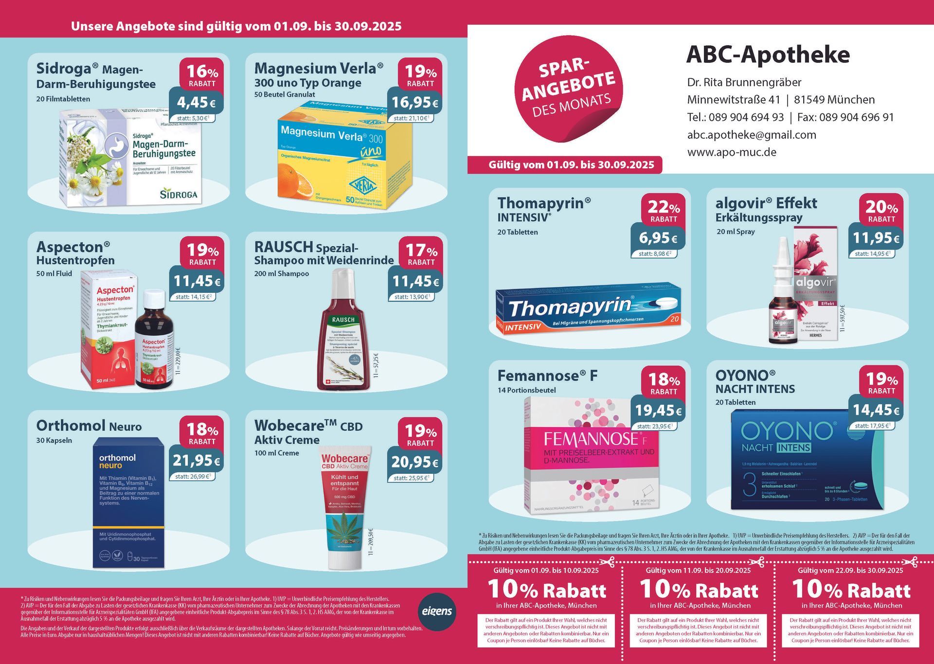 Ein Flyer für die abc Apotheke zeigt eine Vielzahl von Produkten