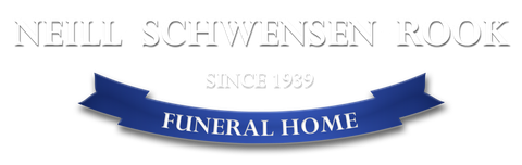Logo for Neill Schwensen Rook Funeral Home. Blue banner with text 