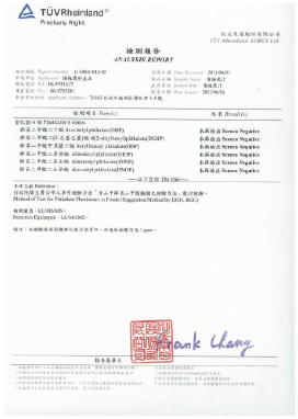 由德國萊茵TÜV出具的測試報告，包含中文文字和簽名。