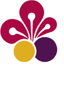 抽象花卉圖案，由深紅色花瓣、黃色和紫色球體組成。