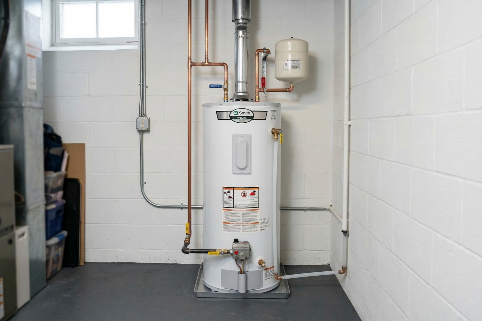 A white gas water heater with copper plumbing and an expansion tank sits in a basement with white block walls.