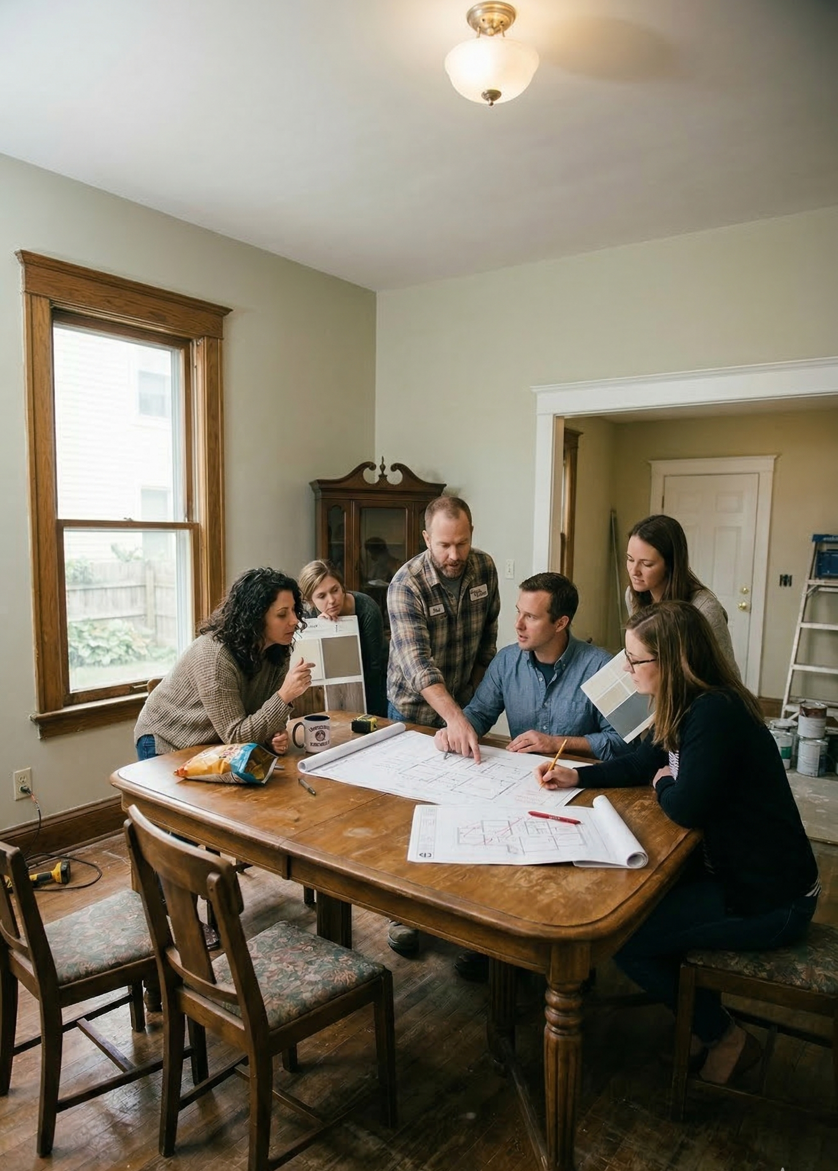 Five people stand around a wooden dining table in a sunlit room, reviewing architectural blueprints and color samples.