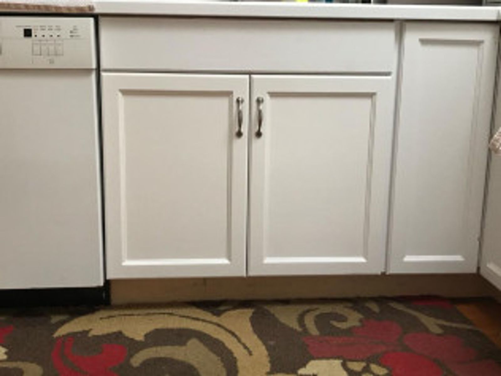 White kitchen cabinets with two doors and a dishwasher. A rug is in front.