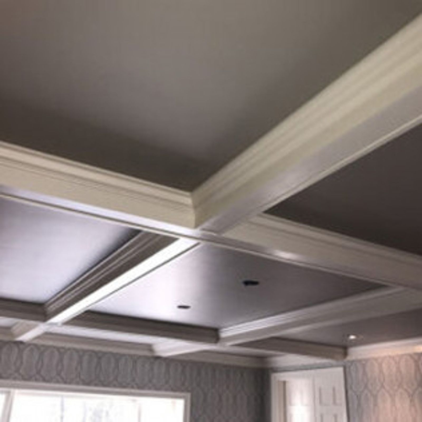 Gray and white coffered ceiling with recessed lighting.
