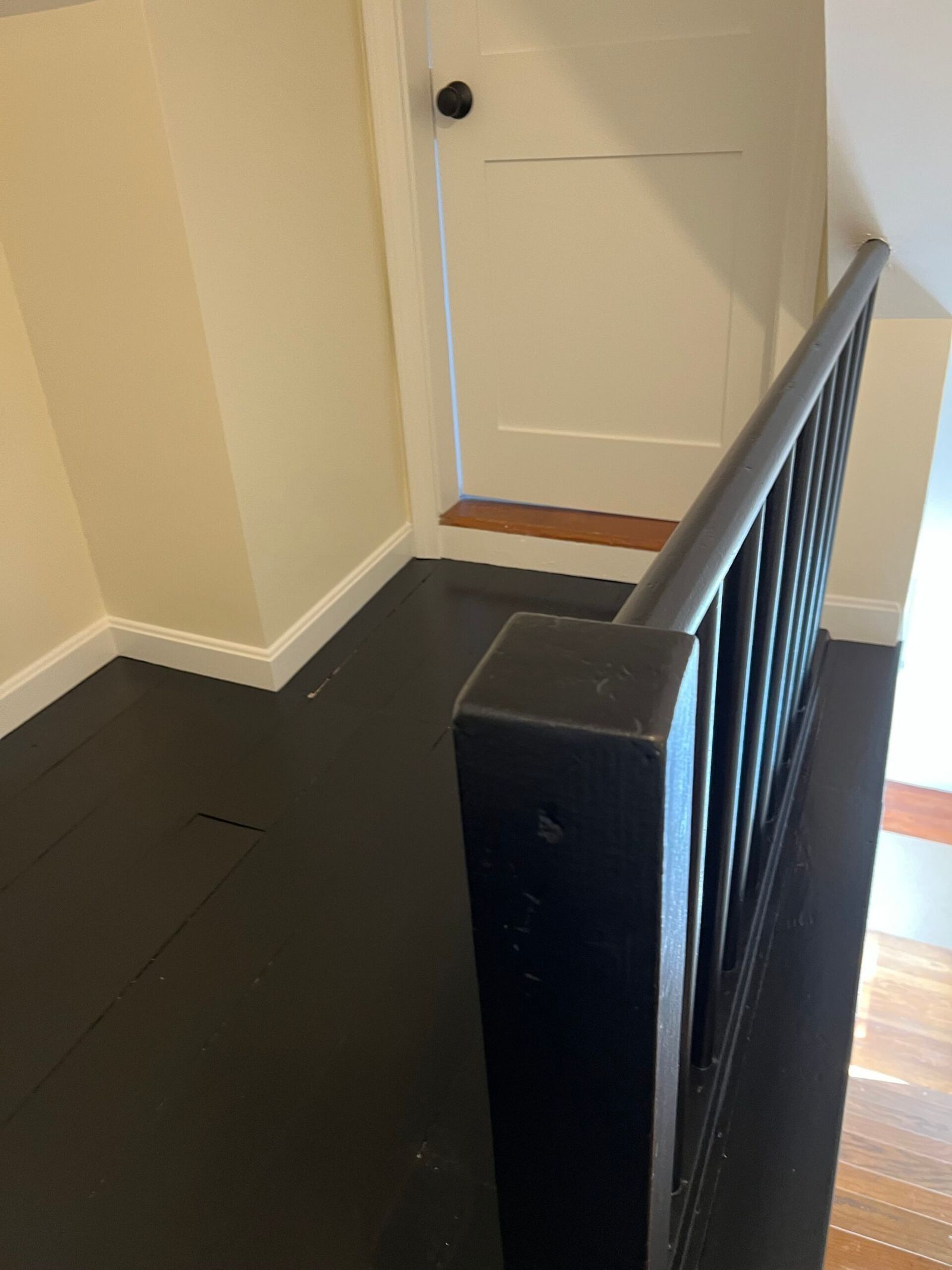 Black railing and floor by a white door and pale yellow walls.