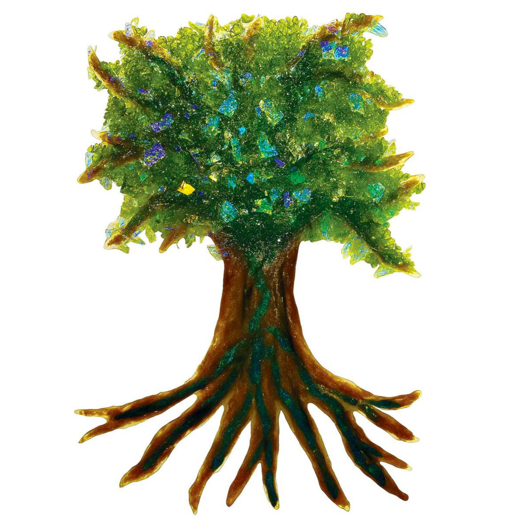 A glass tree with roots and green leaves