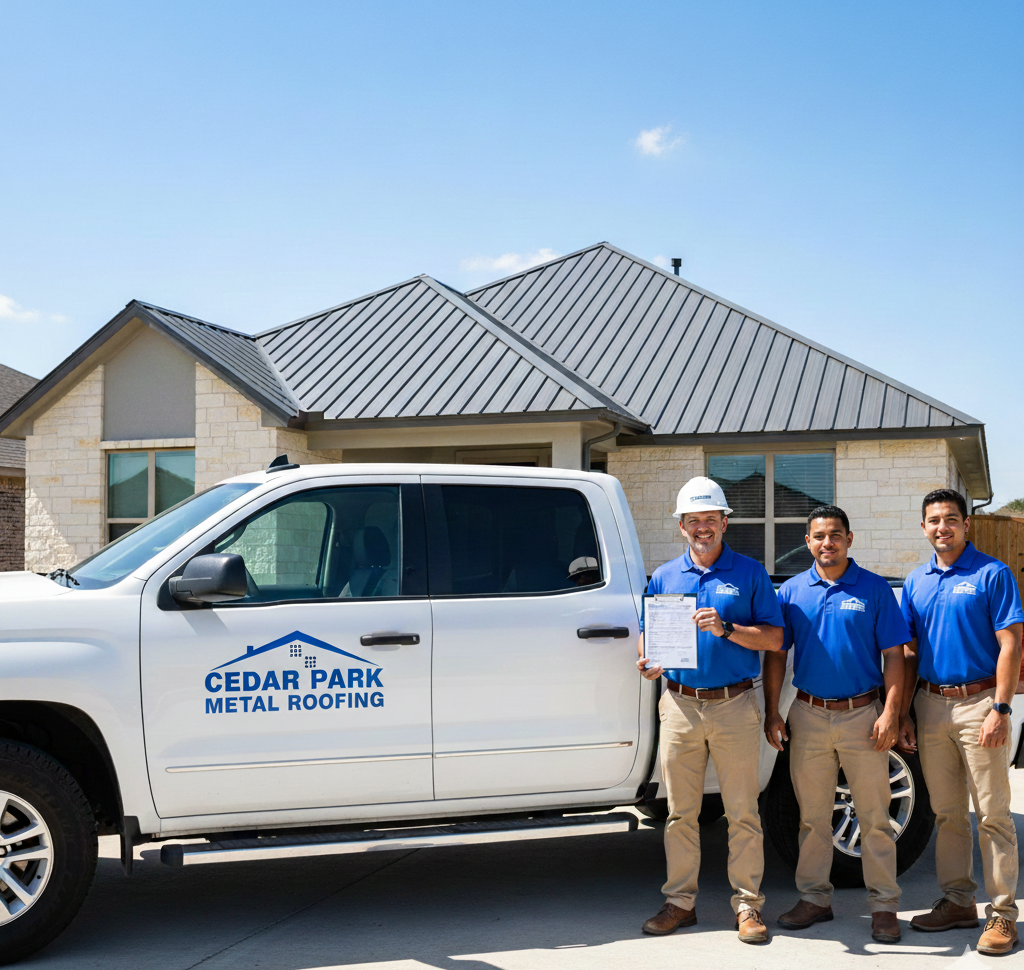 Cedar Park Metal Roofing truck and crew with permit paperwork