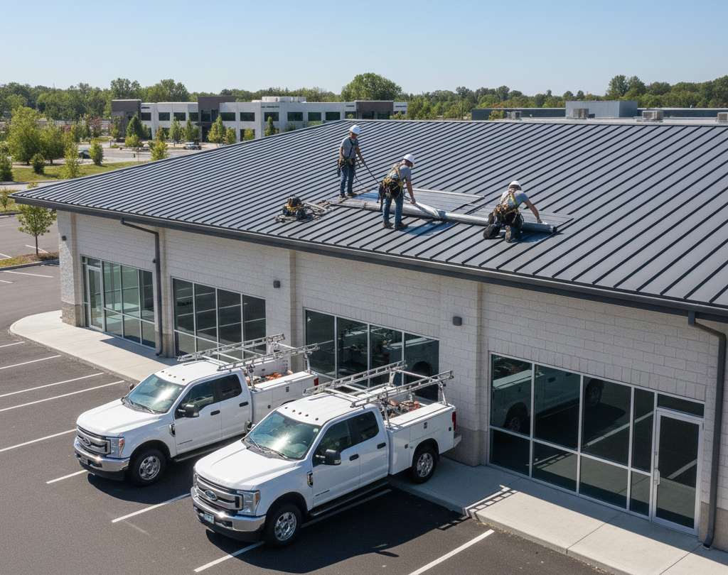 Commercial metal roof installation on Cedar Park business