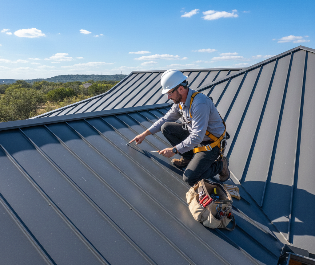 Roofer inspecting metal roof in Cedar Park