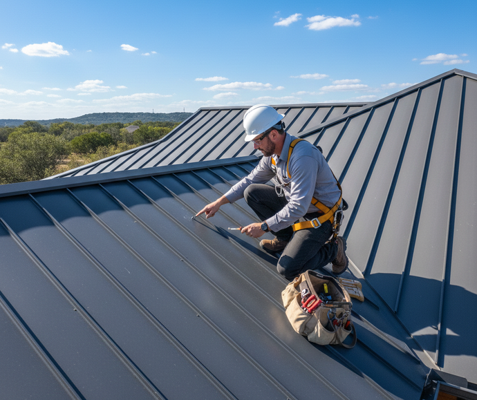Roofer inspecting metal roof in Cedar Park