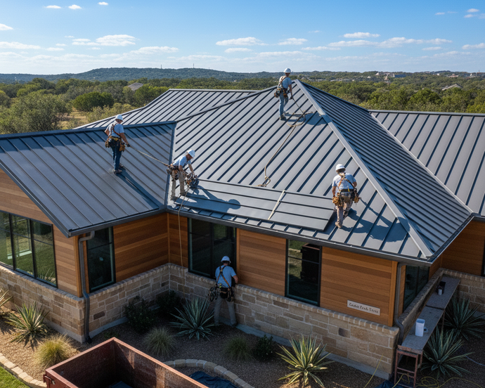 Roofing crew installing metal roof on home in Cedar Park Tx