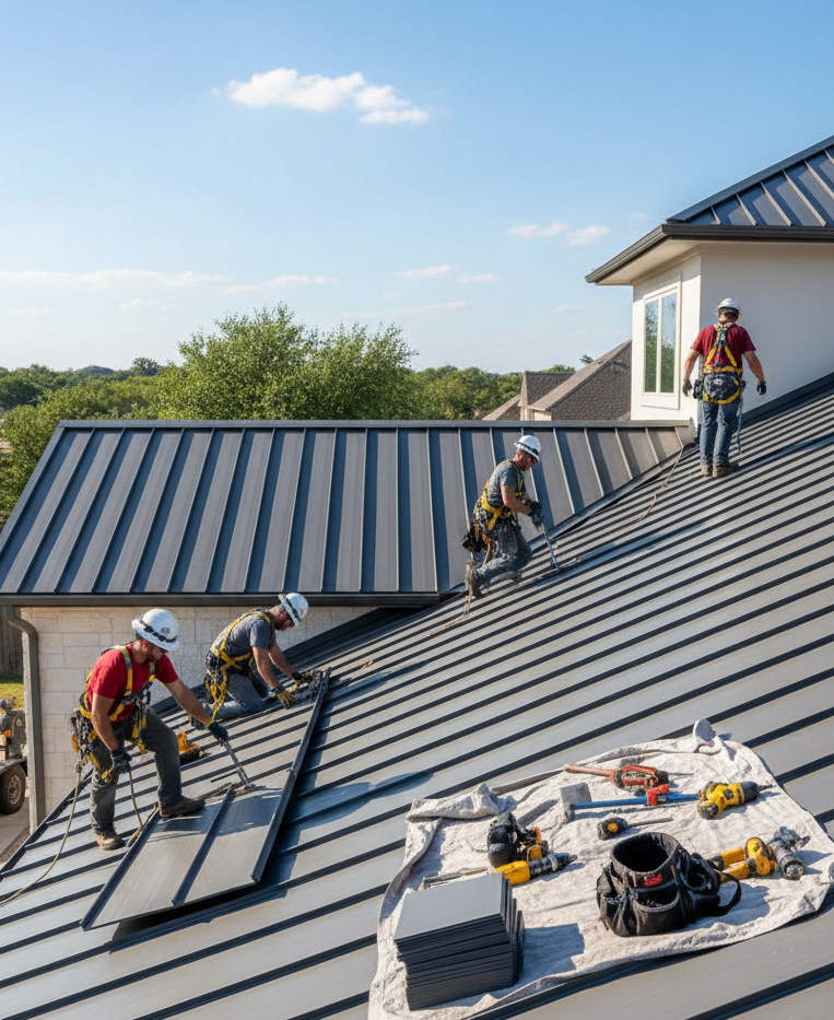 Metal roofing contractors installing standing seam metal roof in Cedar Park TX