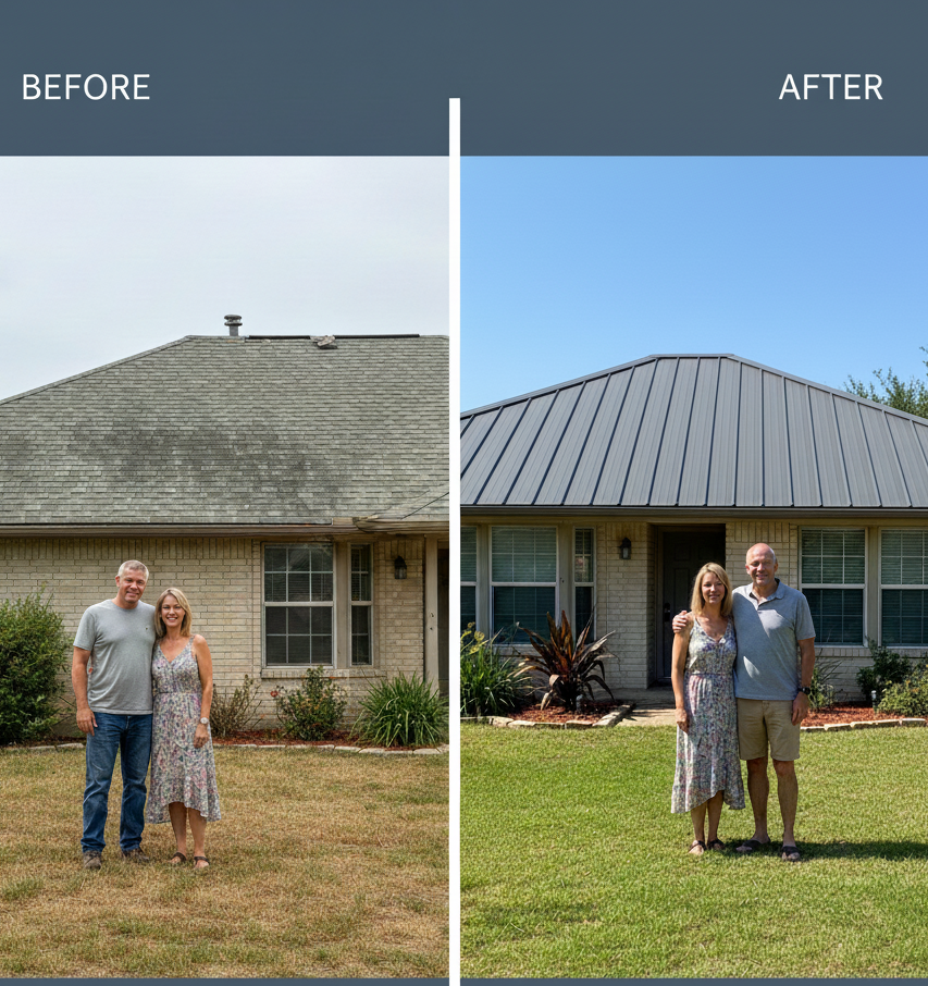 Before and after metal roofing installation on Cedar Park home
