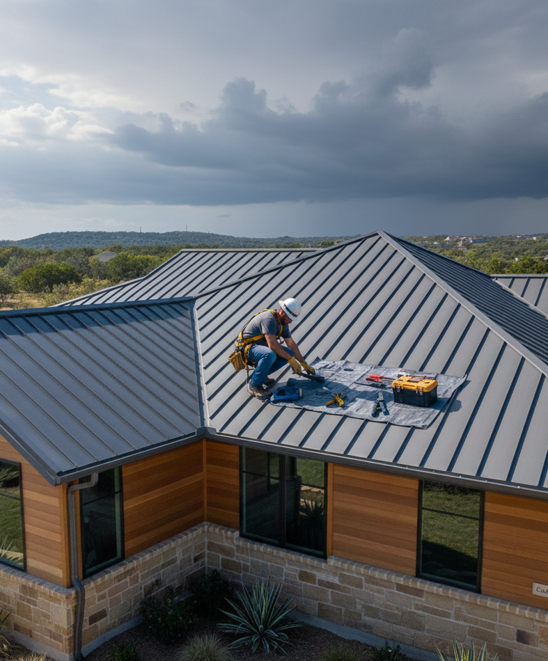 Metal roofing contractor repairing storm damage in Cedar Park