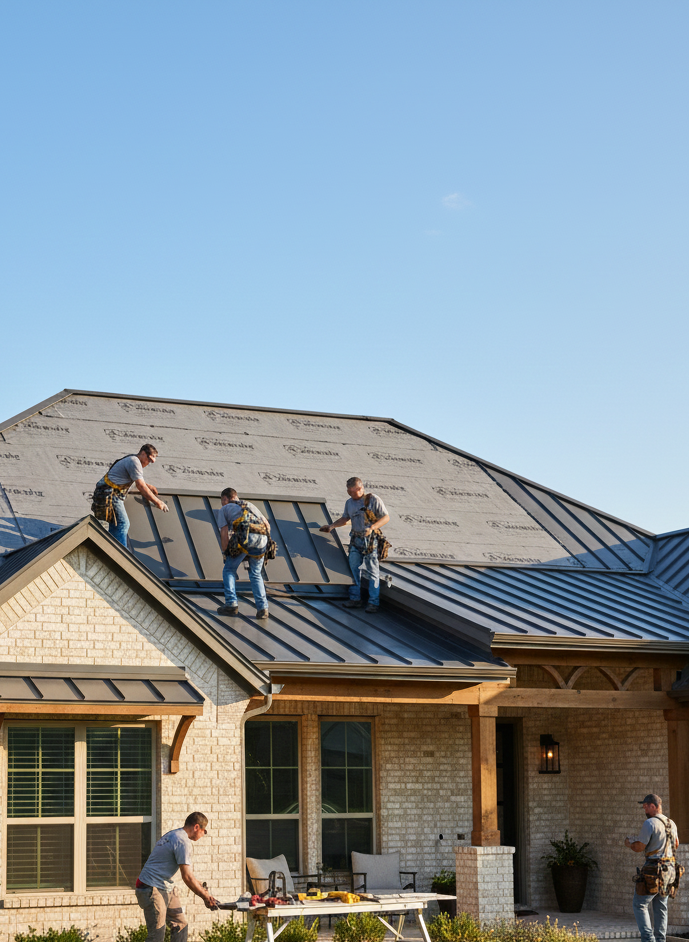 Residential metal roofing contractors installing standing seam roof in Cedar Park
