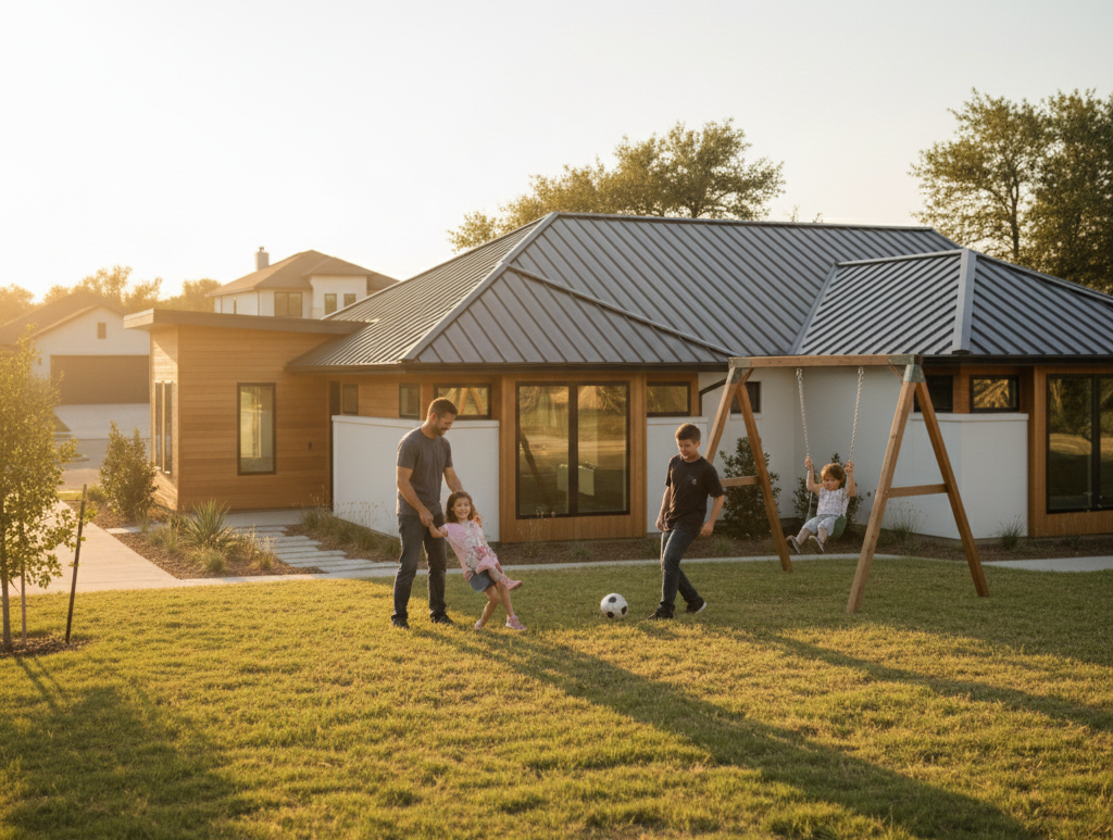 Cedar Park TX home with new metal roofing and family in front yard