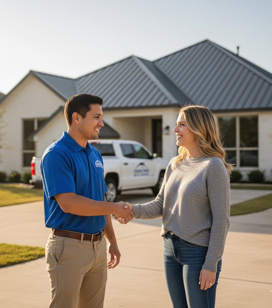 Cedar Park Metal Roofing team member meeting with satisfied homeowner