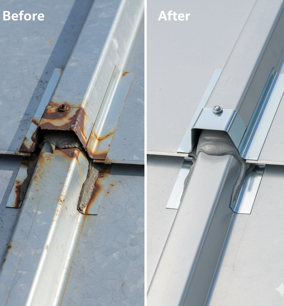 Before and after of repaired commercial metal roof seam