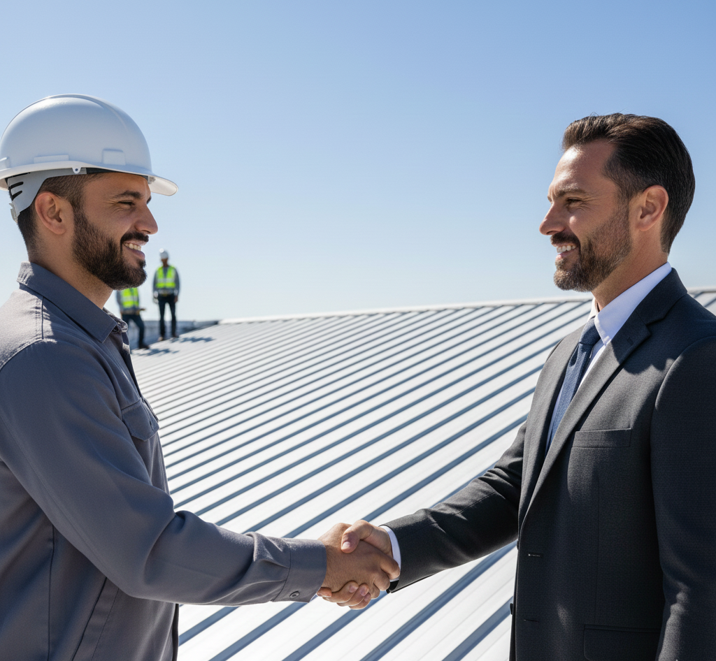Business owner receiving free commercial roofing inspection packet from technician