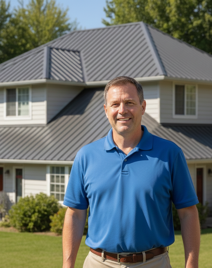 Homeowner smiling with warranty packet in front of new metal shake roof