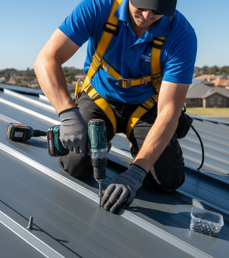 Roofer installing through fastened metal roofing with correct fasteners