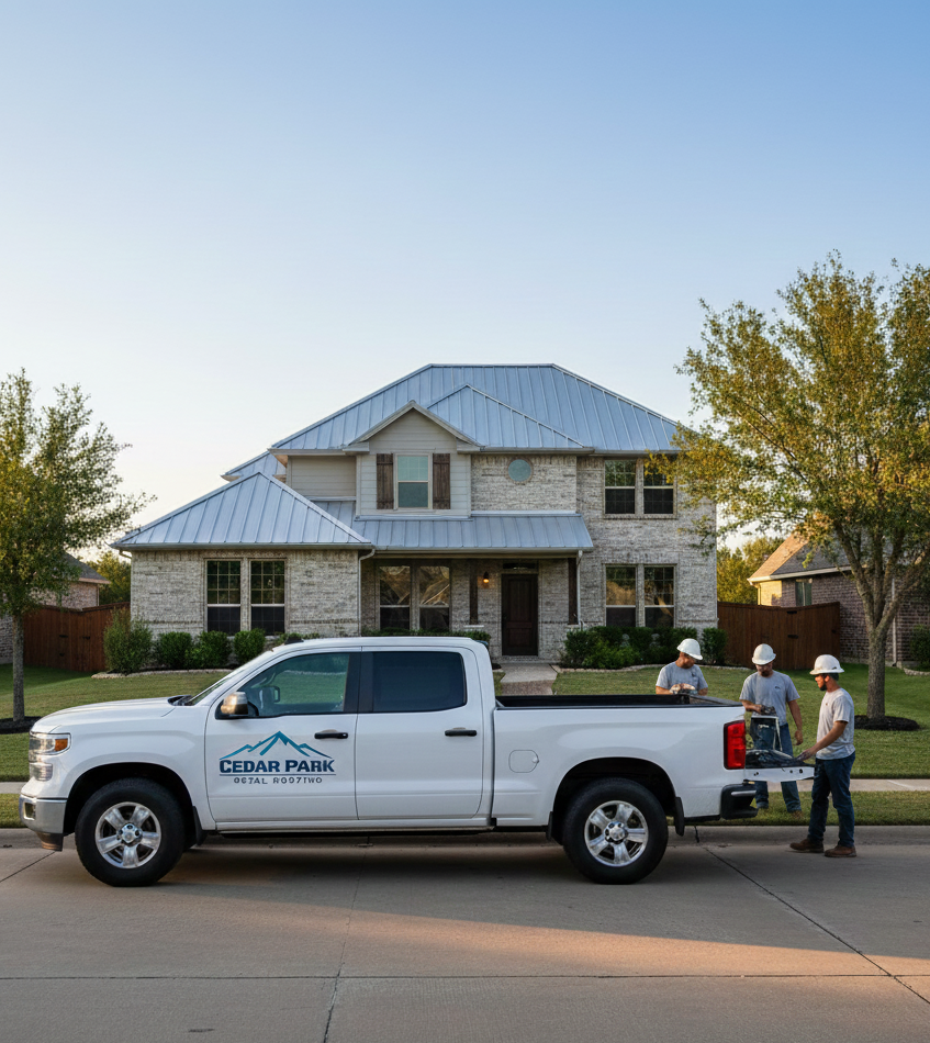 Licensed Cedar Park Metal Roofing crew at neighborhood job site