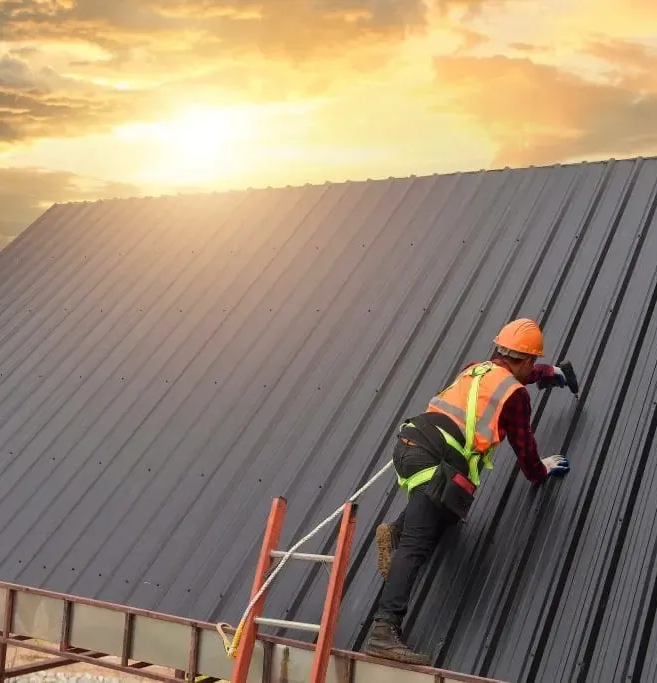 Technician giving free inspection packet and metal shake sample to homeowner