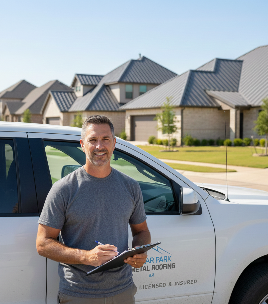 Technician giving free inspection packet and metal shake sample to homeowner