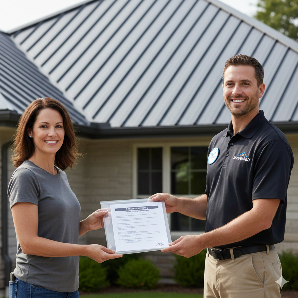 Homeowner receiving free inspection packet for standing seam roof