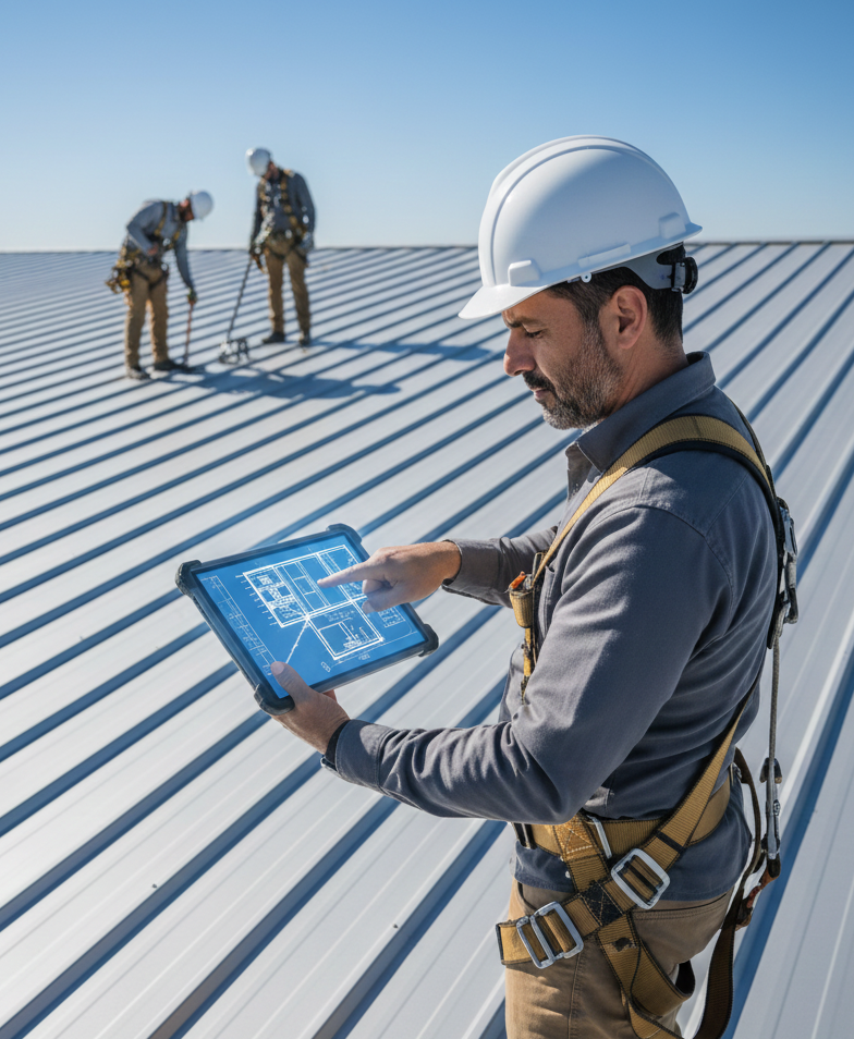 Crew leader reviewing standing seam roof plan on tablet