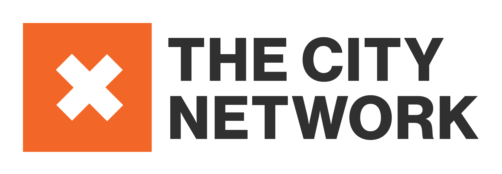 A logo for the city network with an orange square and a white cross.