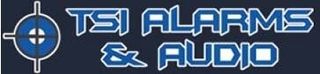 Logo for TSI Alarms & Audio, featuring a blue target icon and stylized blue text on a dark blue background.