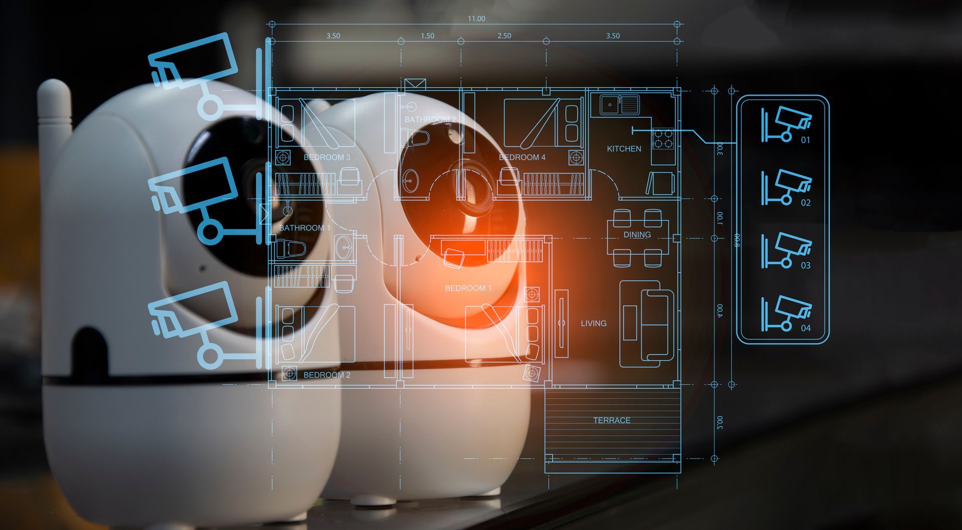 Smart home security camera with digital floor plan and surveillance icons overlay.