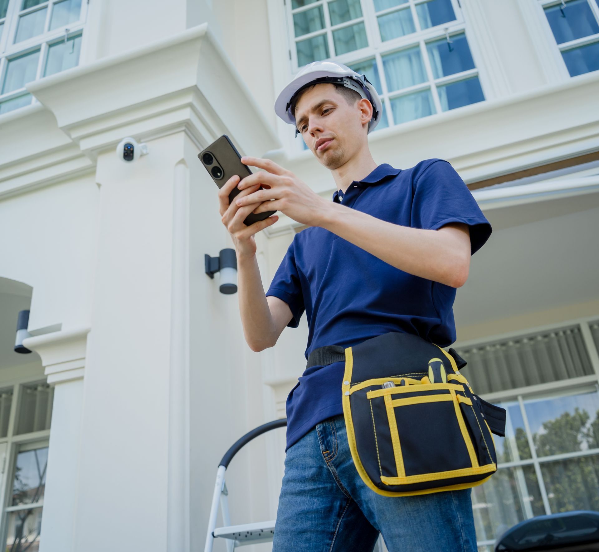 Technician wearing a hard hat checks a smartphone outside a residential building.