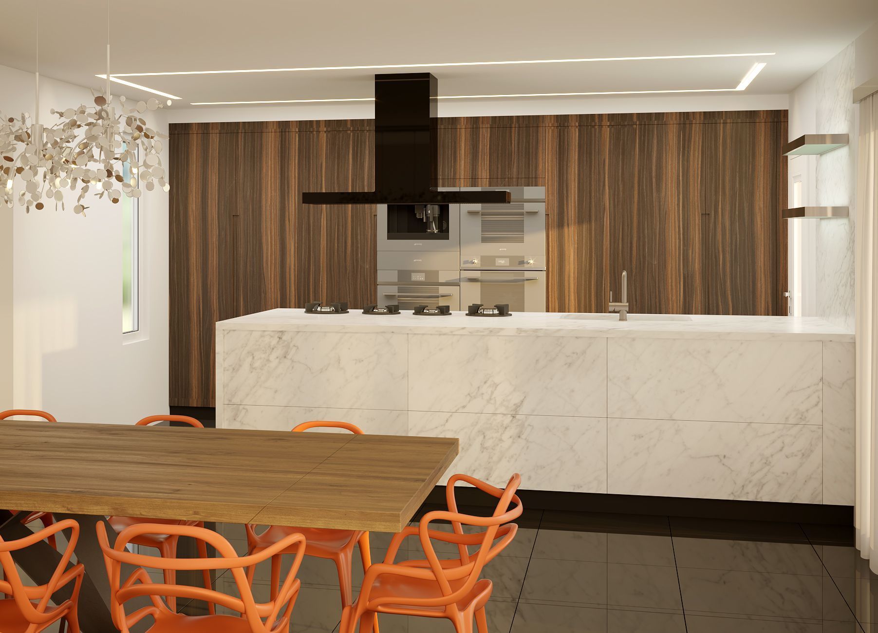 kitchen with orange chairs