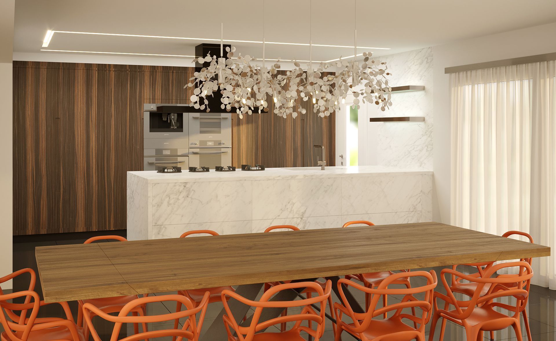 kitchen with shell chandelier