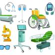 A set of medical equipment including a wheelchair , microscope , headphones , and a bed.